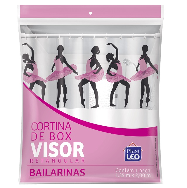 Cortina Para Box Em Vinil Lisa 1,35x2m Com Visor Retangular Estampado Bailarinas E Ganchos Ref.620/G Plast Leo