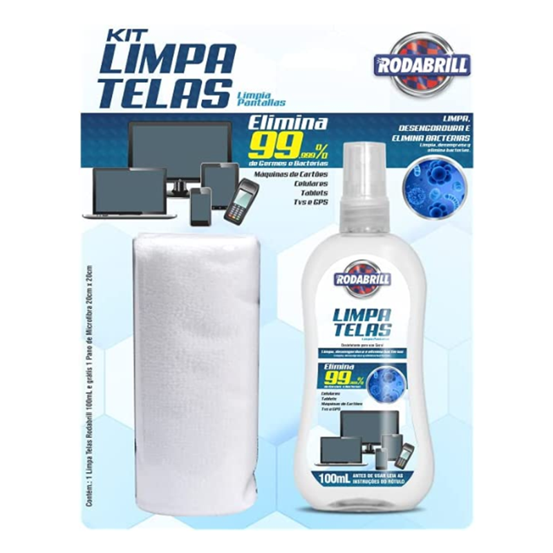 Kit Limpa Telas Rodabrill Com 1 Limpa Telas 100ml + 1 Pano de Microfibra