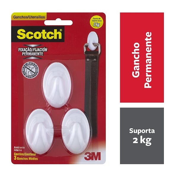 Gancho Adesivo Para Utensílios Scotch Médio Branco Com 3 Unid. Hb004684294 3m