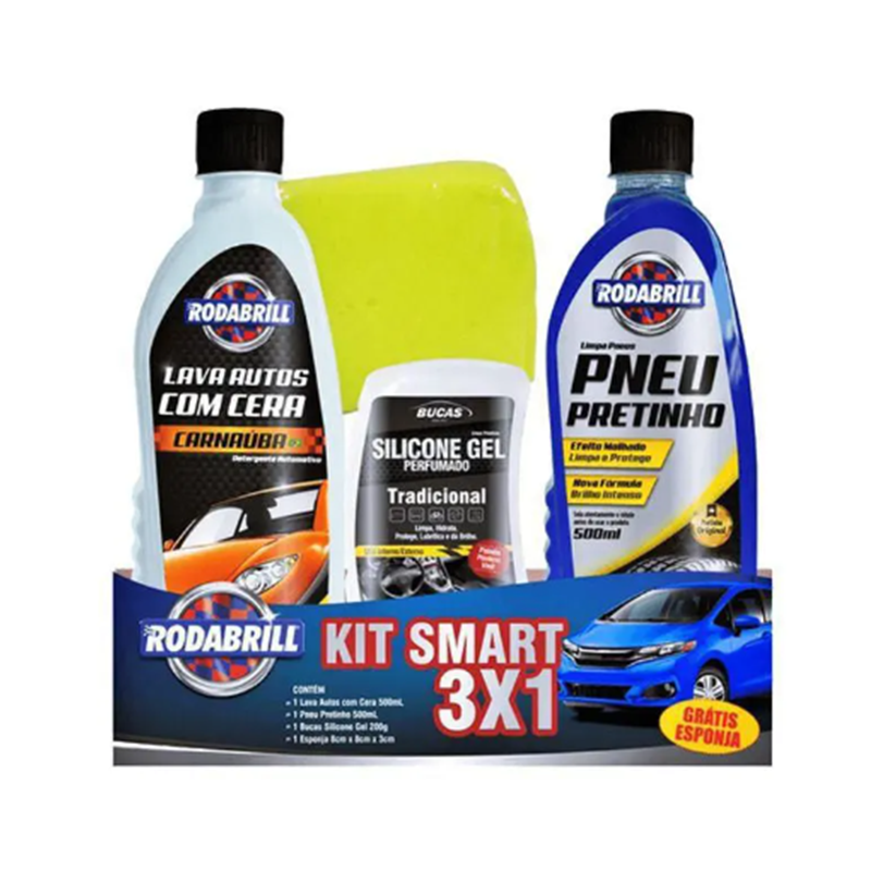 Kit Smart 3x1 Rodabrill Com 1 Lava Autos 500ml + 1 Silicone Gel 200g + 1 Pneu Pretinho 500ml + 1 Esponja