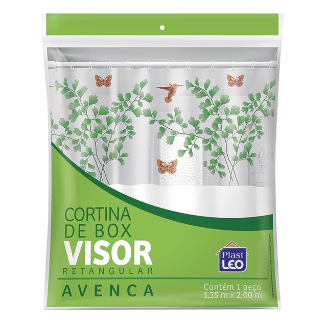 Cortina Para Box Em Vinil Lisa 1,35x2m Com Visor Retangular Estampado Avenca E Ganchos Ref.620/A Plast Leo