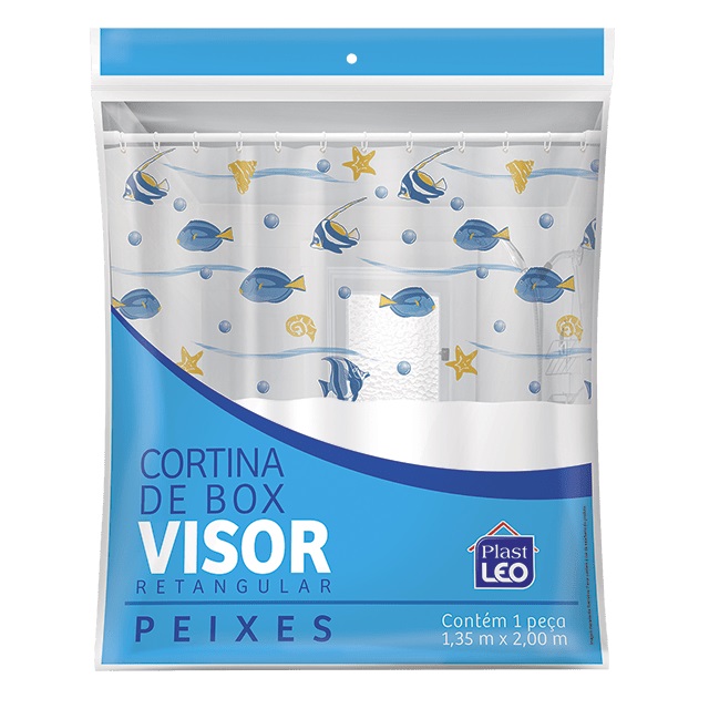 Cortina Para Box Em Vinil Lisa 1,35x2m Com Visor Retangular Estampado Peixes E Ganchos Ref.620/D Plast Leo