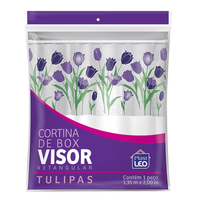 Cortina Para Box Em Vinil Lisa 1,35x2m Com Visor Retangular Estampado Tulipas E Ganchos Ref.620/M Plast Leo