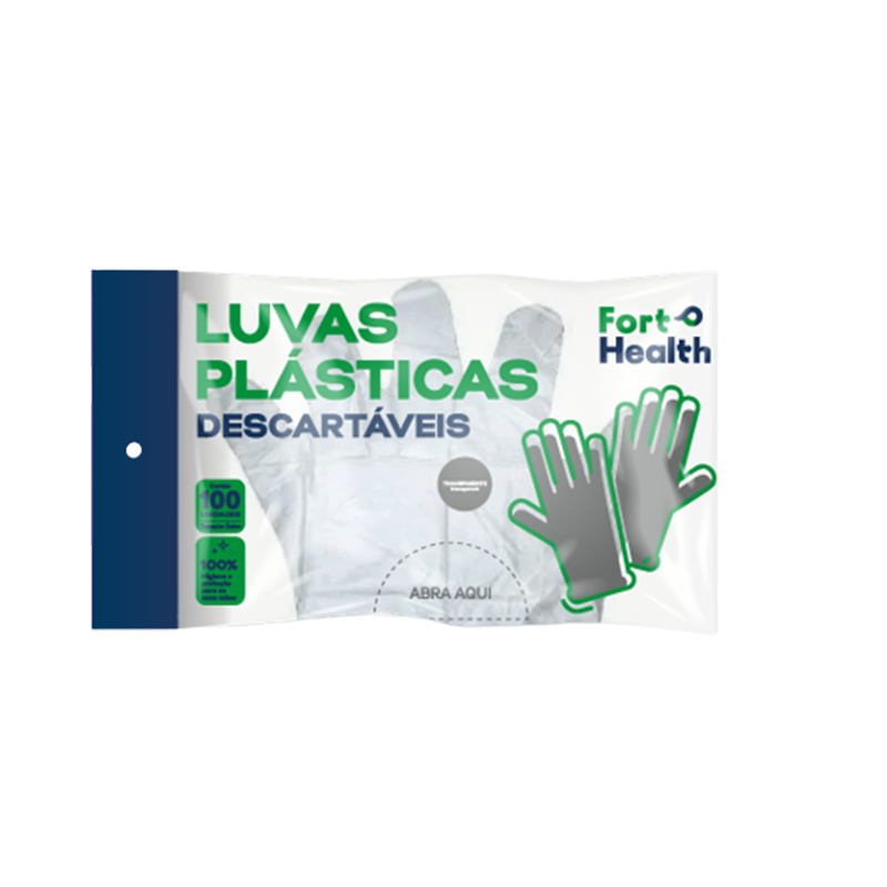 Luvas Plásticas Descartáveis Fort Health Pacote C/100 Unidades (84) Fort Flex