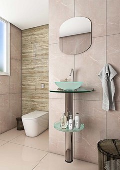 Lavabo Com Cuba Tampo E Prateleira de Vidro E Espelho Cris-Inox 90x55cm Estrutura Em Aço Inox 917 Crismetal