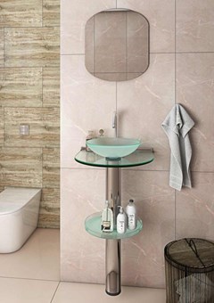 Lavabo Com Cuba Tampo E Prateleira de Vidro E Espelho Cris-Inox 90x55cm Estrutura Em Aço Inox 917 Crismetal