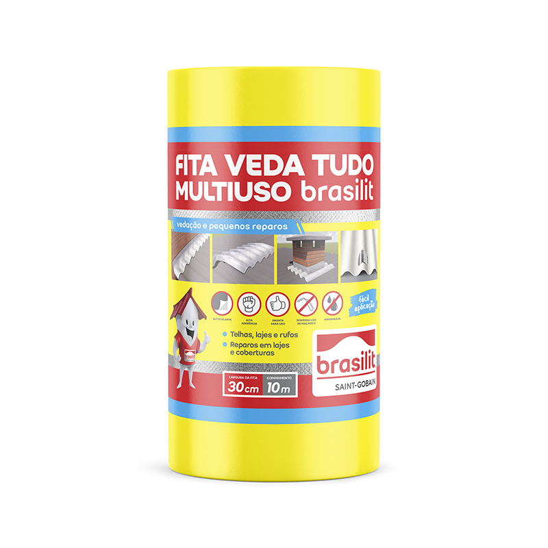 Fita Multiuso Adesiva Para Vedação E Reparos Acabamento Alumínio Larg.30cm Espes.0,7mm Rolo C/10m Veda Tudo Brasilit