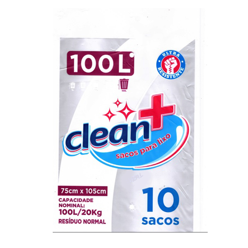 Sacos Para Lixo Clean+ 100l/20kg 75x105cm Com 10 Unidades 102591 Dokapack