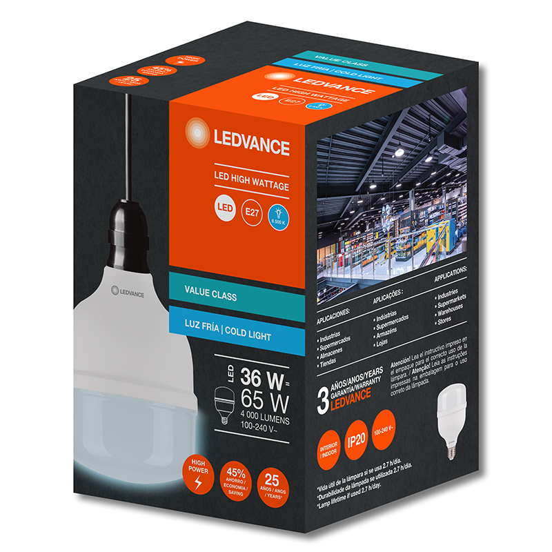 Lâmpada Led Bulb T Alta Potência E27 30w 2400lm 6500k Branca Ledvance