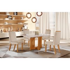 Conjunto Mesa Firenze 1,20 X 0,80m Com Tampo de Vidro + 4 Cadeiras Riviera Off White Lj Móveis