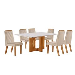 Conjunto Mesa Firenze 1,40 X 0,80m Com Tampo de Vidro + 6 Cadeiras Riviera Off White Lj Móveis