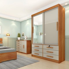 Guarda-Roupa Com Pés 2 Portas Espelho E 6 Gavetas Chicago (C.0,52 X L.1,34 X A.2,14m) Cinamomo/Off White Tcil