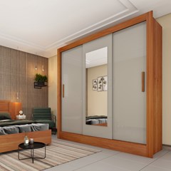 Guarda-Roupa Com Pés 3 Portas Espelho Valência (C.0,55 X L.1,90 X A.2,04m) Cinamomo/Off White Tcil