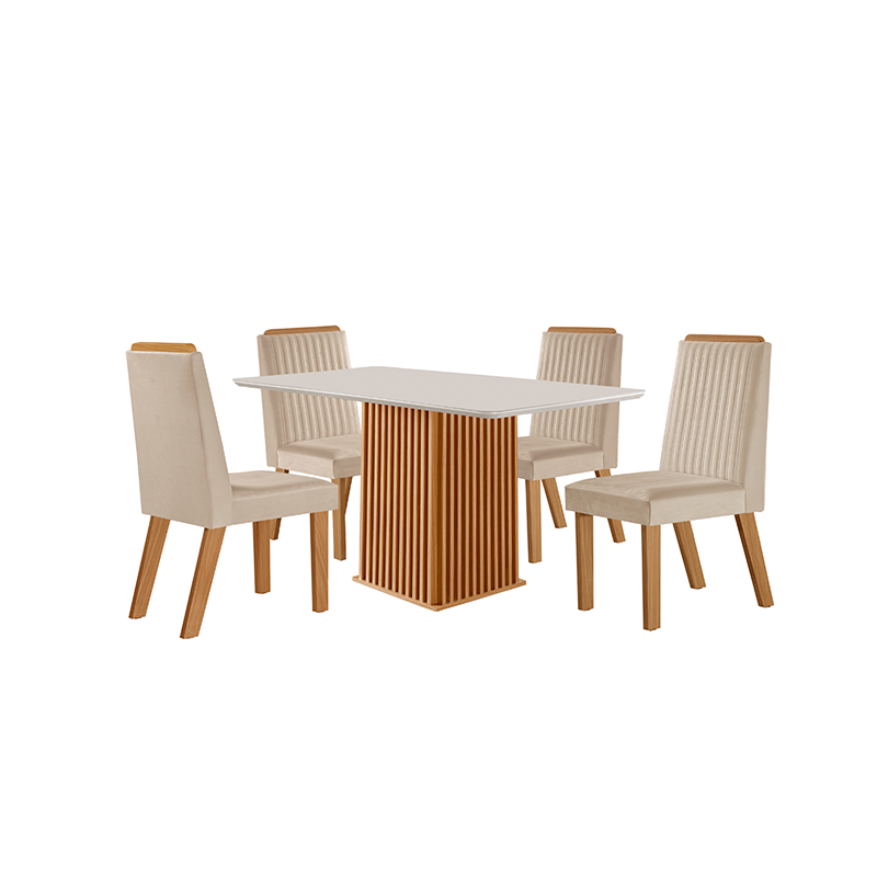 Conjunto Mesa Riviera 1,20 X 0,90m Com Tampo de Vidro + 4 Cadeiras Cinamomo/Off White Lj Móveis