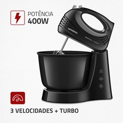 Batedeira Prática 400w 220v Preta 3 Velocidades + Turbo 2 Batedores Tigela 3 Litros B-44b Mondial