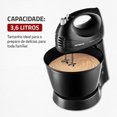 Batedeira Prática 400w 220v Preta 3 Velocidades + Turbo 2 Batedores Tigela 3 Litros B-44b Mondial