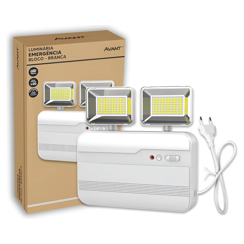Luminária de Emergência Led 5w 140 Leds Bloco Evo 2 Faróis 6000k 600 Luméns Bivolt Branca Avant