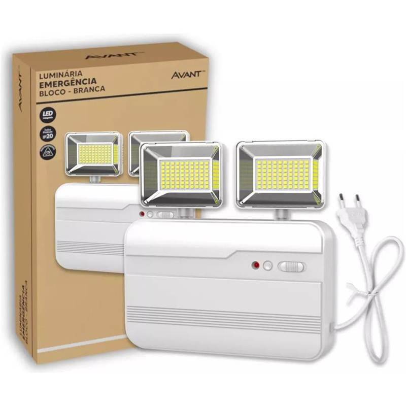 Luminária de Emergência Led 12w 140 Leds Bloco Evo 2 Faróis 6000k 1200 Luméns Bivolt Branca Avant