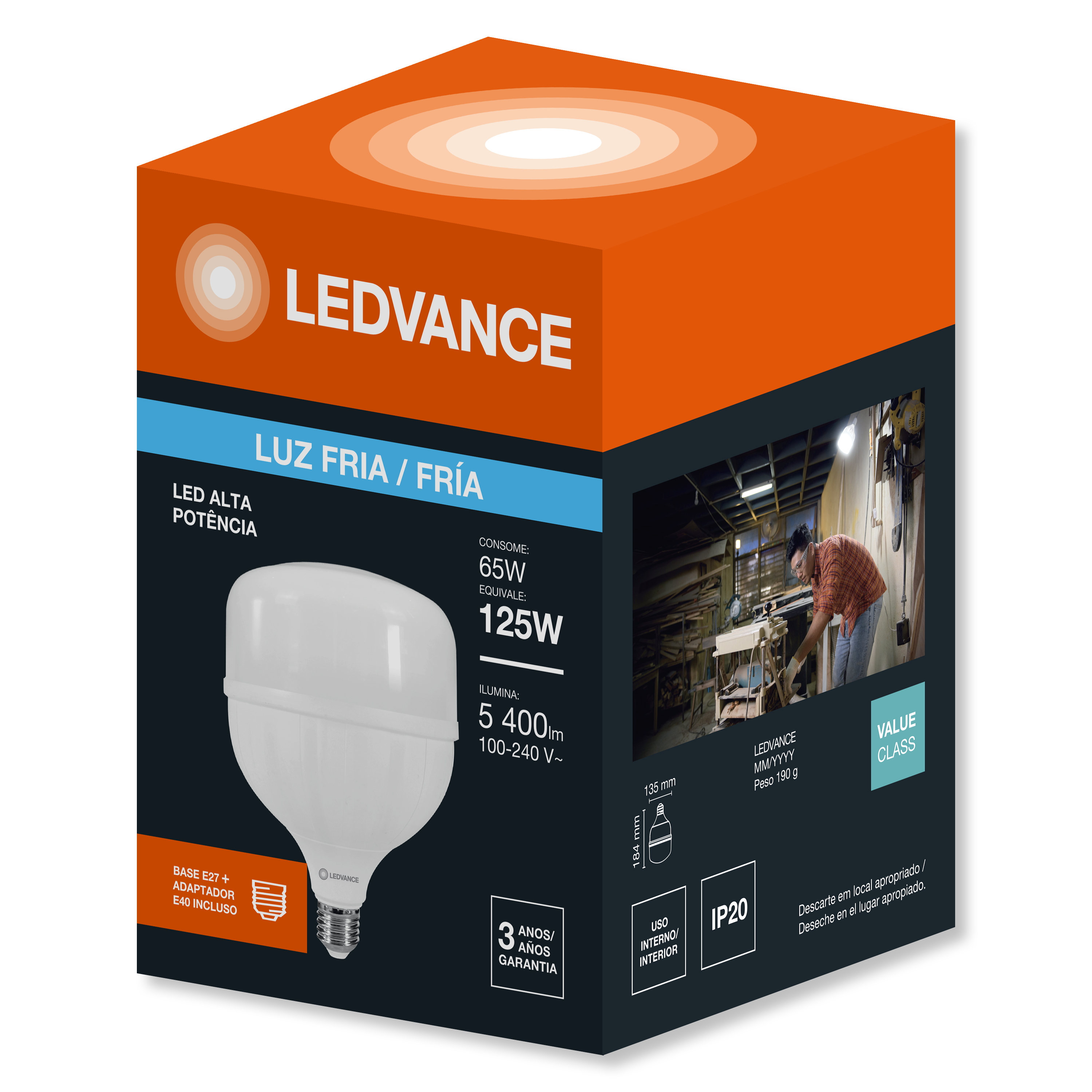 Lâmpada Led Bulb T Alta Potência E27 65w 5400lm 6500k Branca Ledvance